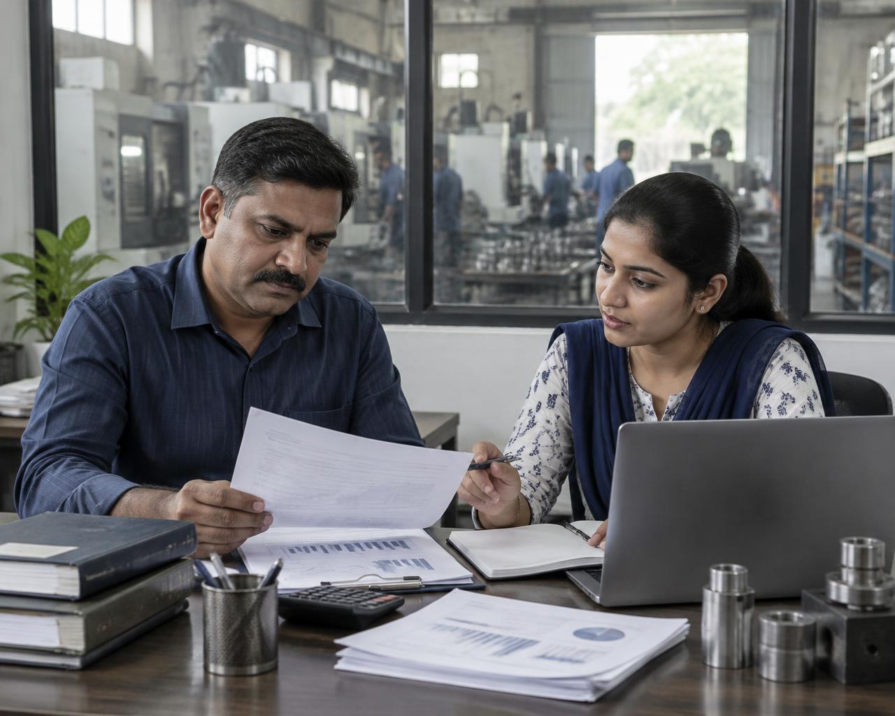 A manufacturing business owner reviewing printed financial reports with a finance professional in a factory office